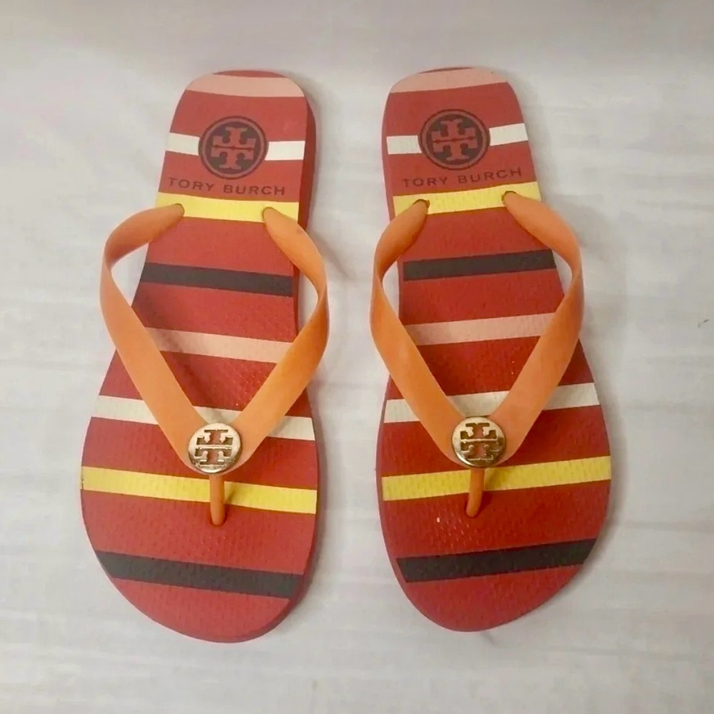Tory Burch Orange Multicolor Striped Flip Flop Sandals 🧡💛❤️